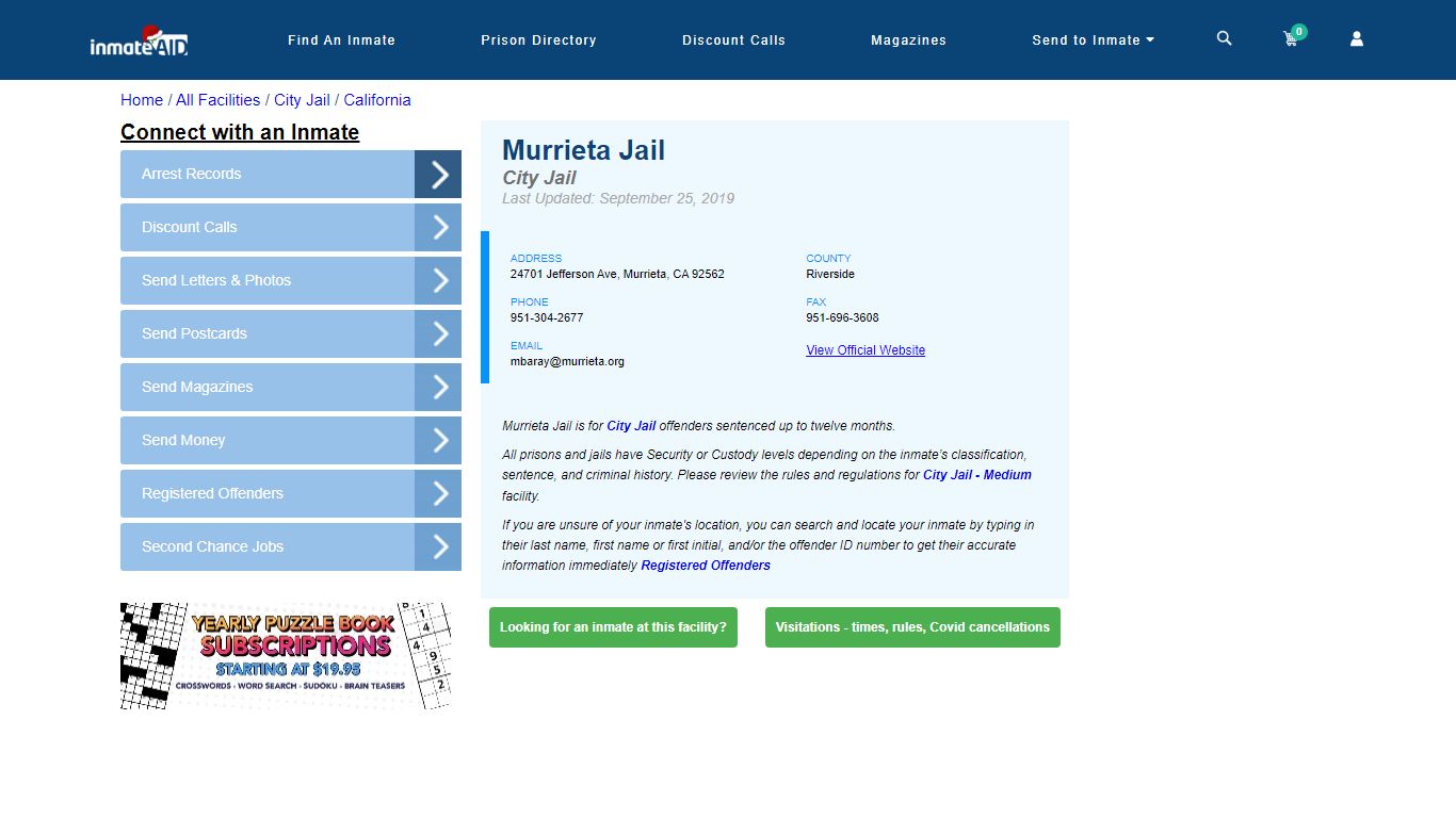 Murrieta Jail | Inmate Locator